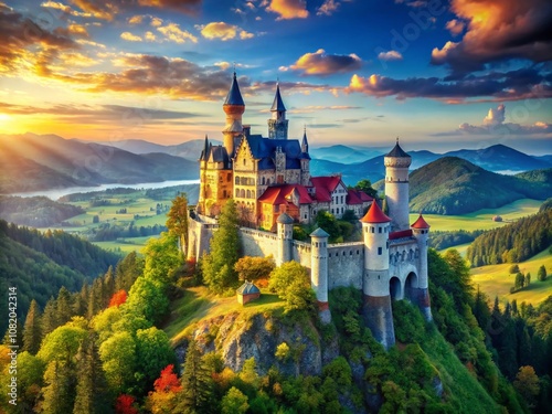 Majestic castle perched on a hill, enveloped by vibrant greenery under a bright blue sky, exudes an enchanting