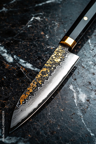 Japanese Folding Knife with Damascus Steel Blade and Ornate Handle on Dark Marble Background, Showcasing Elegance and Craftsmanship