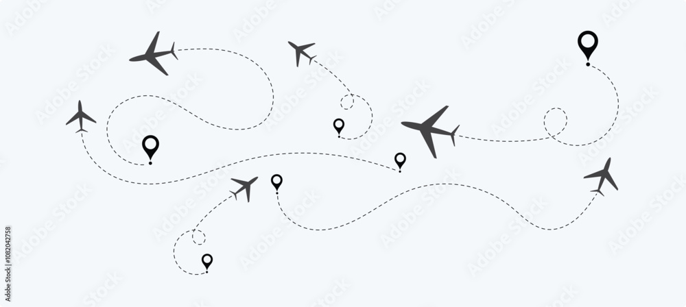 air plane flight route with the point of location line trace isolated on white background. air plane flight route with the point of location line trace isolated on white background.