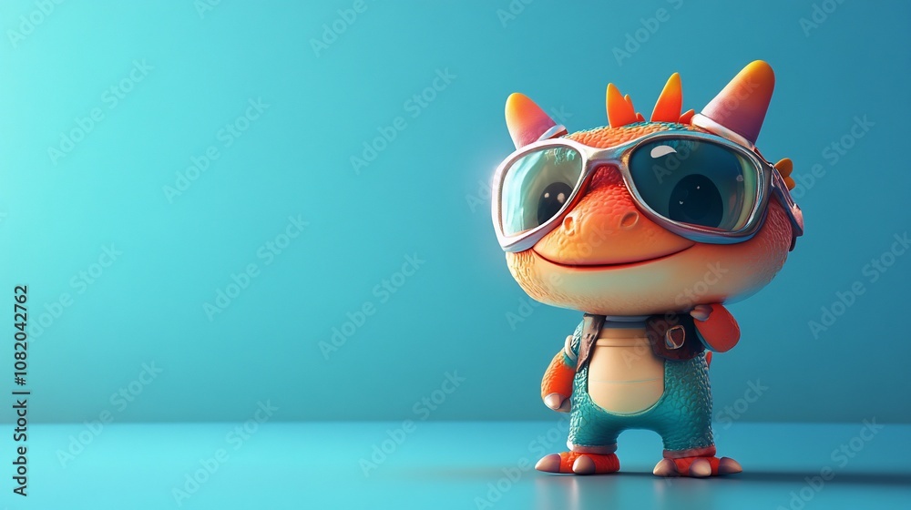 A cute, cartoon dragon wearing sunglasses and a backpack stands against a blue backdrop. A cute, cartoon dragon wearing sunglasses and a backpack stands against a blue backdrop.