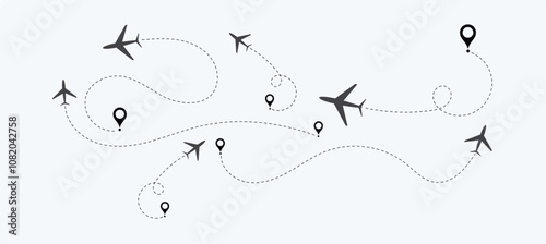 air plane flight route with the point of location line trace isolated on white background.
