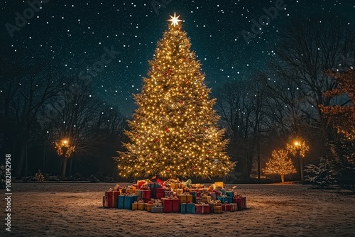 Majestic Christmas Tree Illuminated Under Starry Night Sky photo