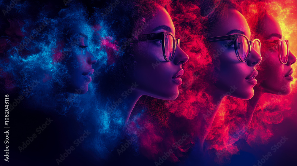 The artwork features a woman's silhouette with vibrant smoke swirling around, highlighting her profile from various angles and colors The artwork features a woman's silhouette with vibrant smoke swirling around, highlighting her profile from various angles and colors