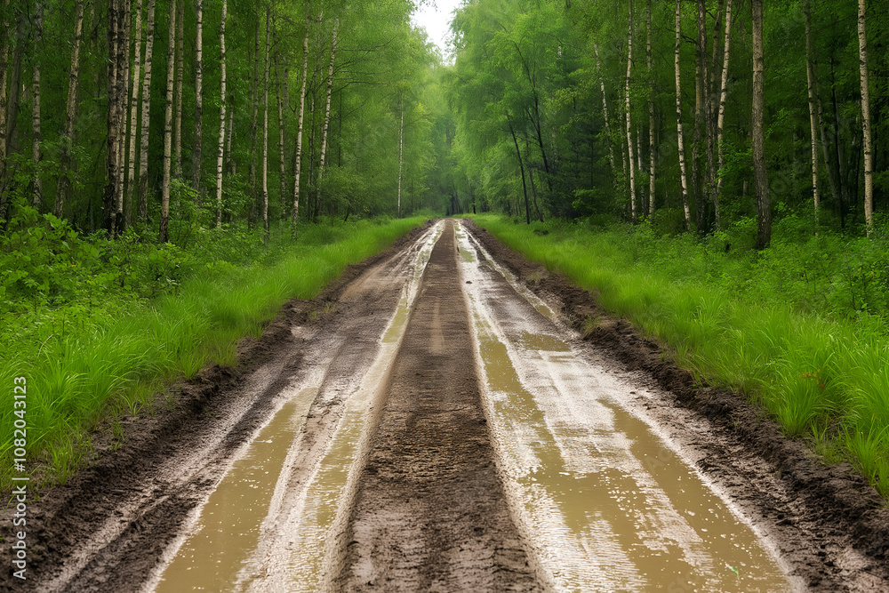 Fototapeta premium Dirt road or mud road and rain forest 