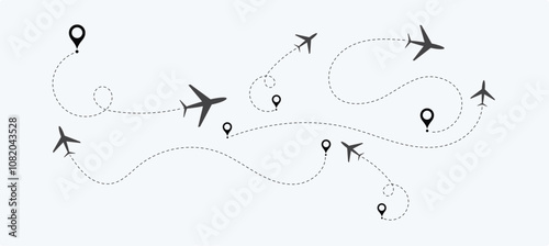 air plane flight route with the point of location line trace isolated on white background.