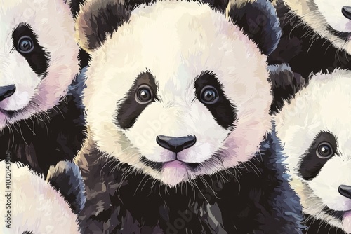 A group of giant panda bears standing together, informative and straightforward image