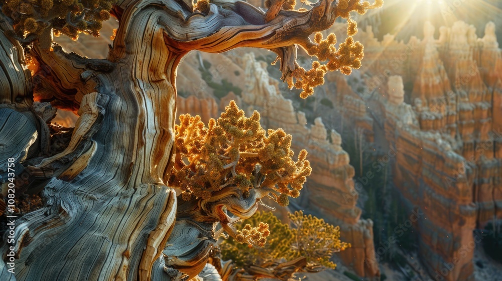 Obraz premium Close-up of a tree growing out of the rocky wall of a canyon, with a scenic view