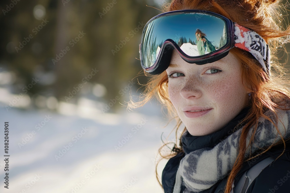 A woman wears ski goggles and a scarf, ready for outdoor activities A woman wears ski goggles and a scarf, ready for outdoor activities