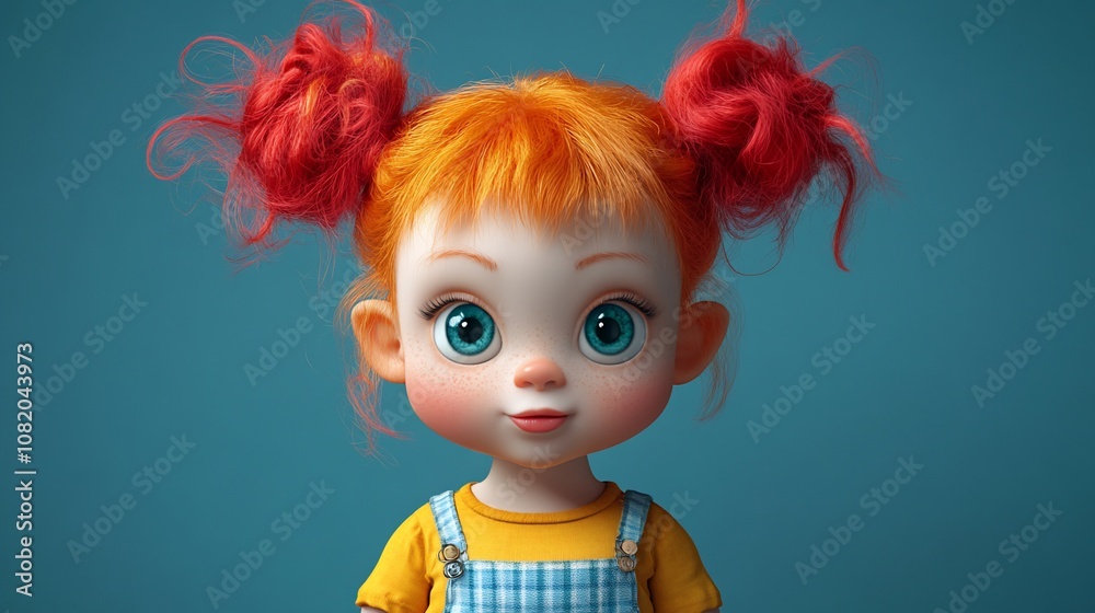 Cute cartoon girl with red hair and blue eyes looking at the camera.