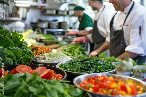 Group of professional chefs working together in a modern kitchen, chopping and cooking ingredients for a meal