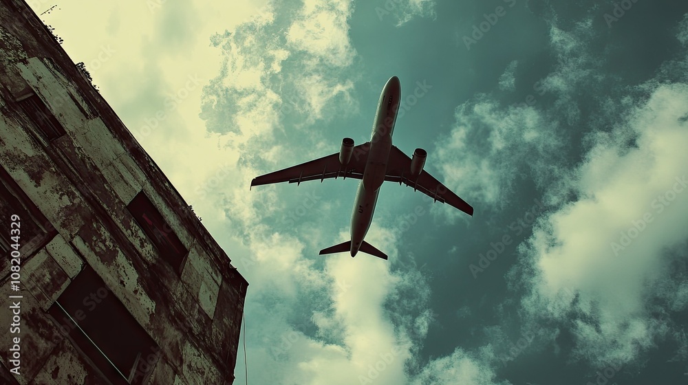 Naklejka premium Airplane passing overhead, viewed from the rooftop of a building, with a cloudy sky filling the background