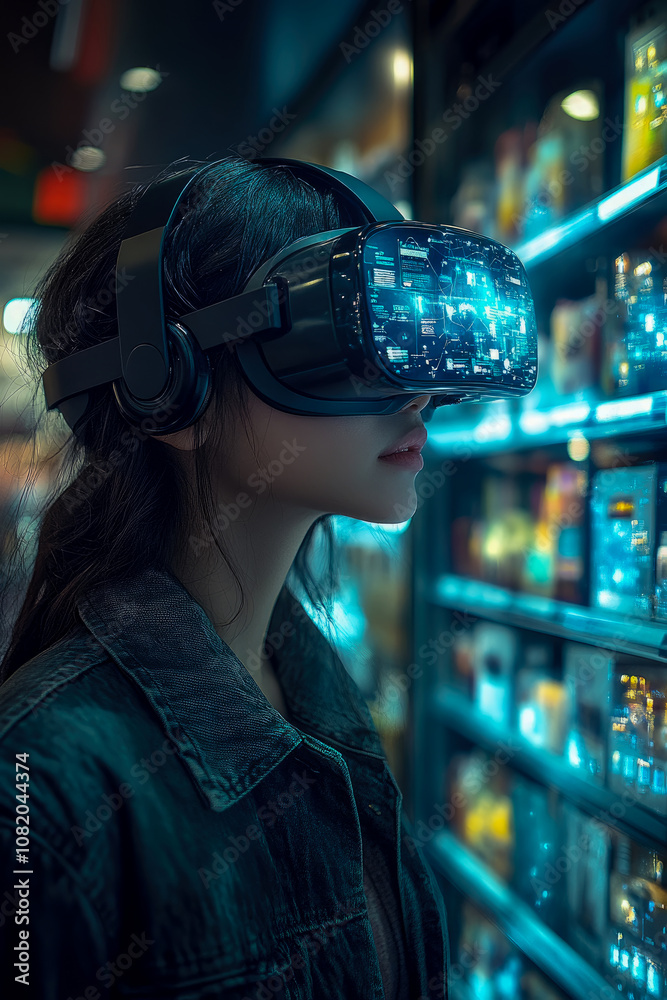 A young woman immersed in virtual reality technology stands in a vibrant gaming arcade filled with glowing screens and colorful displays