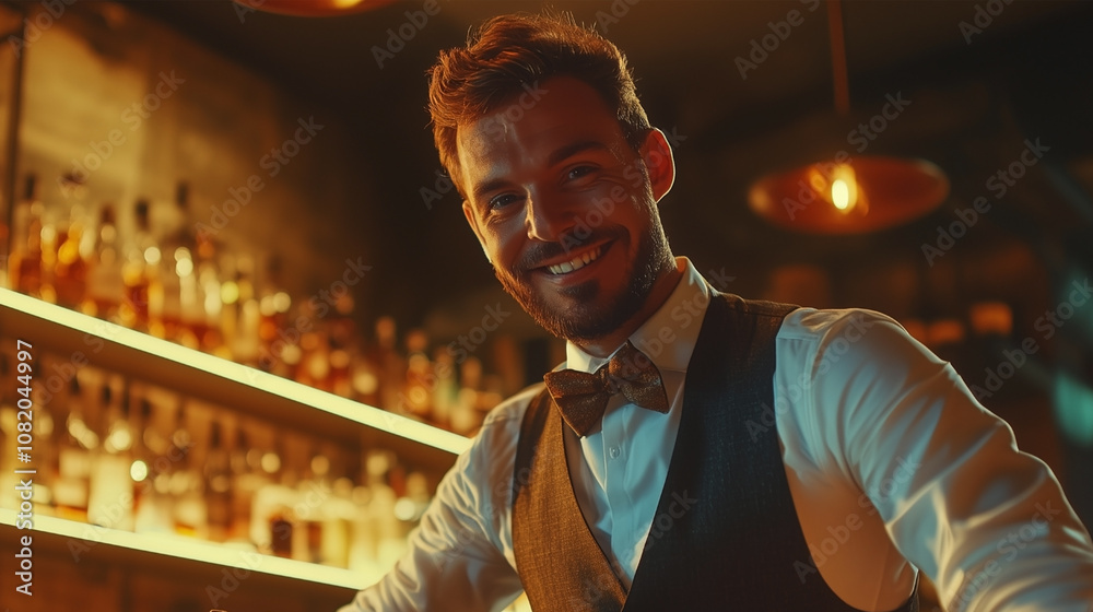 A man wearing a vest and bow tie stands behind a bar A man wearing a vest and bow tie stands behind a bar