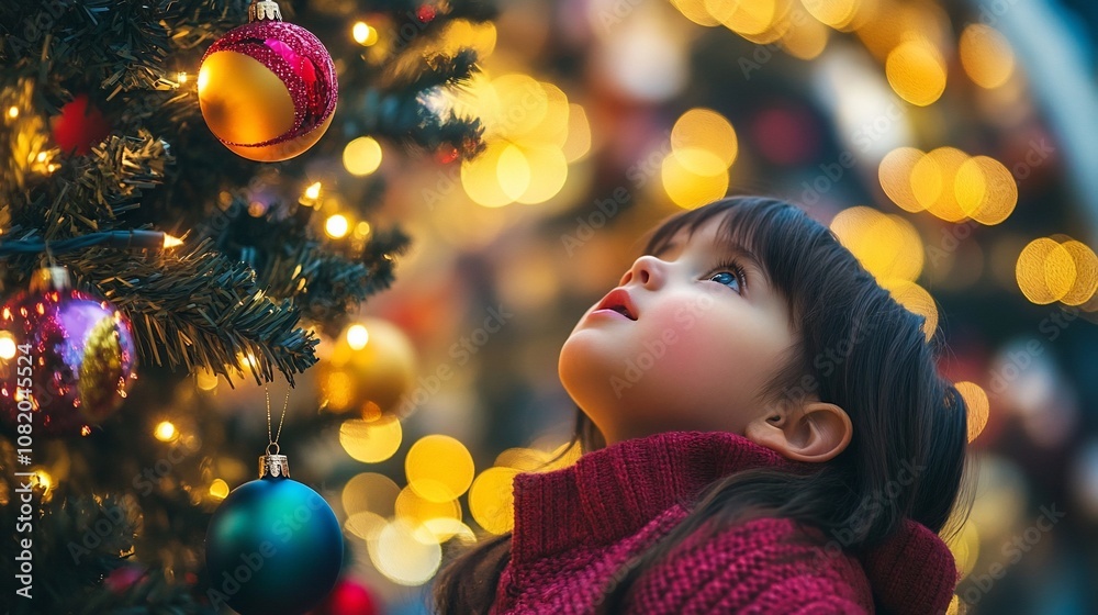 A young girl looks up in awe at a beautifully decorated Christmas tree, surrounded by twinkling lights.