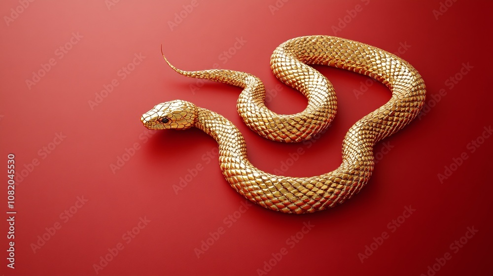 A Glimmering Golden Snake Slithering Across a Bold Red Background, Showcasing Its Intricate Scales and Fluid Movement in Stunning Detail A Glimmering Golden Snake Slithering Across a Bold Red Background, Showcasing Its Intricate Scales and Fluid Movement in Stunning Detail