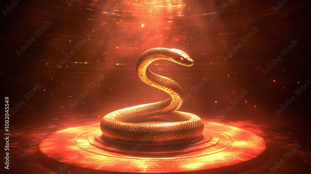 Obraz premium A Glorious Golden Snake Surrounded by Radiant Light in a Mystical Environment, Symbolizing Transformation, Power, and the Mystique of Nature