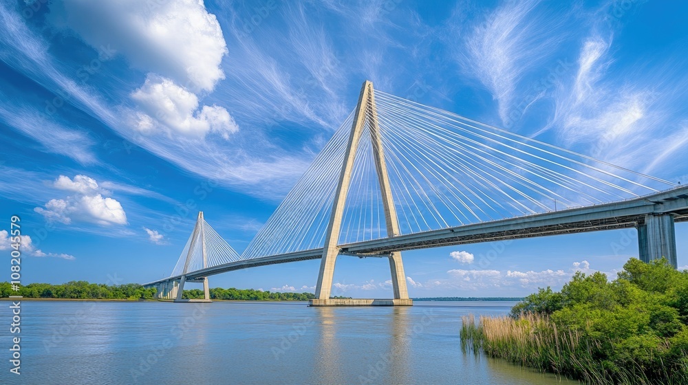 Obraz premium Angled shot of bridge support cables pointing to a vivid blue sky, showcasing precision in engineering.