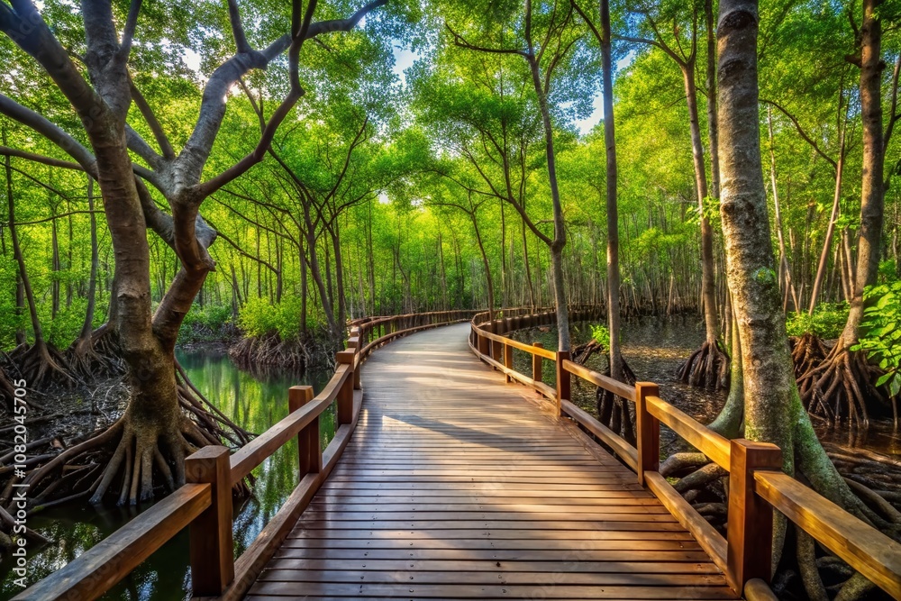 Obraz premium Stunning mangrove boardwalk at Rayong Botanical Garden. Ecotourism paradise.