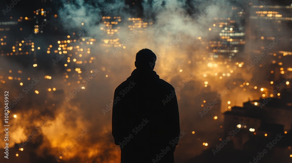 A person standing in front of a city at night, urban landscape A person standing in front of a city at night, urban landscape