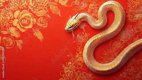 A Stunning Golden Snake Curves Gracefully Over A Rich Red Background Adorned With Elegant Floral Patterns, Capturing Nature's Beauty and Intricacy in Vibrant Colors