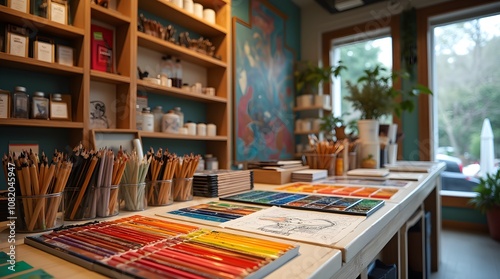 Wallpaper Mural Shop counter with colored pencils, colored markers, palettes and brushes for drawing. Stylish interior Torontodigital.ca