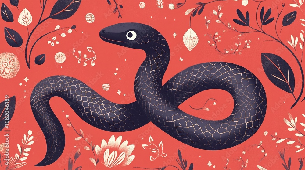 Obraz premium Abstract illustration of a black snake entwined among vibrant foliage and floral patterns against a bright red background, showcasing nature's intricate beauty.