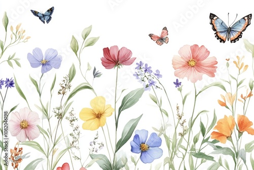 Fototapeta Naklejka Na Ścianę i Meble -  A watercolor painting of colorful flowers and butterflies