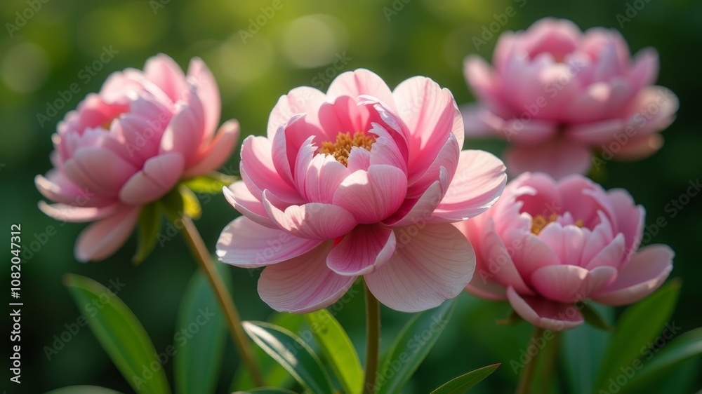 Close-up of blooming pink peonies against a backdrop of lush green foliage Close-up of blooming pink peonies against a backdrop of lush green foliage