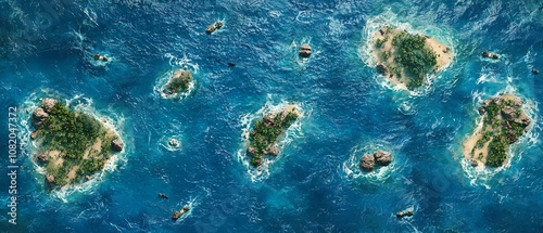 This 2D map showcases clusters of small islands surrounded by vibrant ocean waters, ideal for themes of exploration and adventure in natural landscapes.