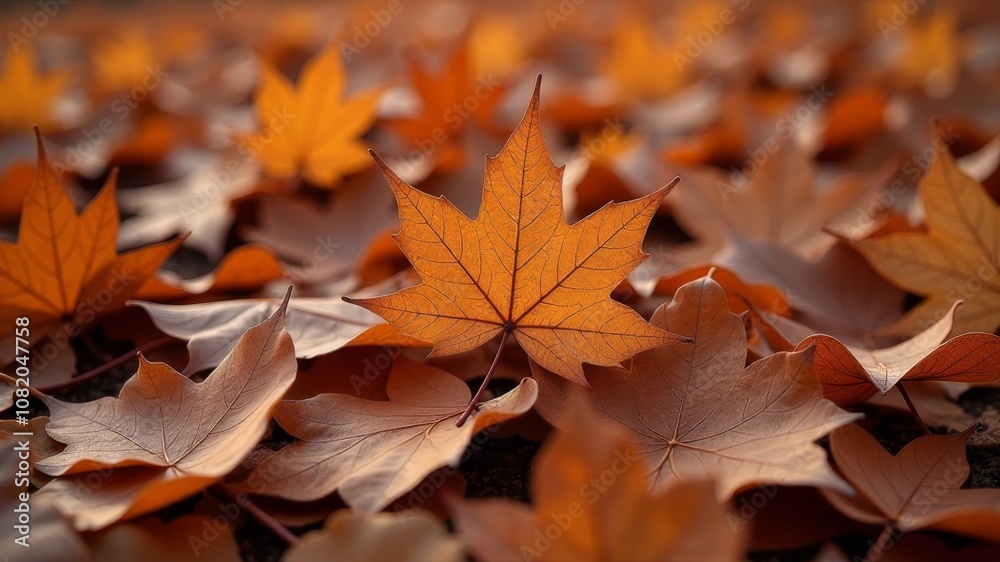 Close-up of fallen autumn leaves in shades of orange, brown and grey creating a natural textured background. Close-up of fallen autumn leaves in shades of orange, brown and grey creating a natural textured background.