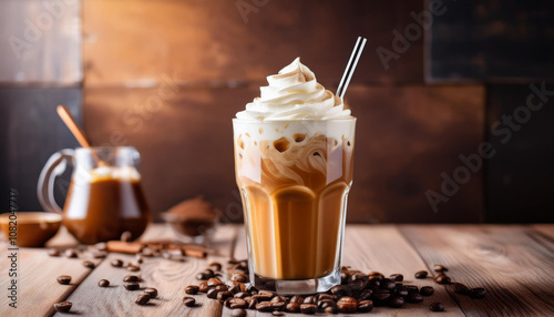 Iced coffee with soft cream on table