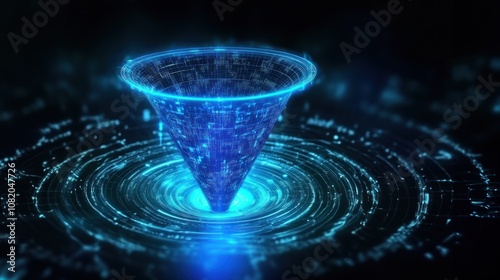 Blue digital funnel with data flowing into it surrounded by glowing circles, showing funnel optimization, sales process, and lead magnet with visualized data flow