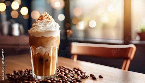 Iced coffee with soft cream on table