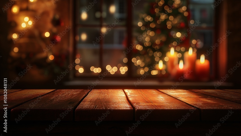 A wooden table in a warm and inviting setting with a blurred background of a Christmas tree and candles. A wooden table in a warm and inviting setting with a blurred background of a Christmas tree and candles.