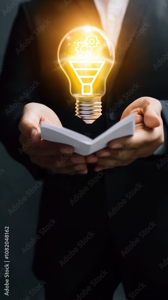 Businessman holding an illuminated light bulb with a funnel icon, representing funnel optimization, innovative lead generation, and sales strategy concepts Businessman holding an illuminated light bulb with a funnel icon, representing funnel optimization, innovative lead generation, and sales strategy concepts