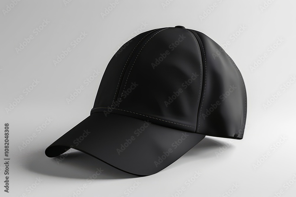 Black cap with subtle stitching details displayed against a clean, light grey background. Minimalist studio shot showcasing product design and texture. Perfect for branding, apparel marketing, and pro Black cap with subtle stitching details displayed against a clean, light grey background. Minimalist studio shot showcasing product design and texture. Perfect for branding, apparel marketing, and pro