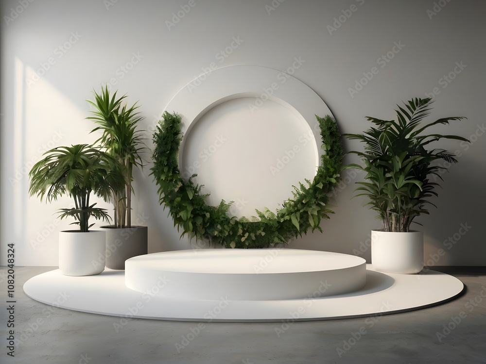 The minimalist exhibition podium has a round shape in a neutral setting and is framed by two green plants. The smooth white surfaces and soft background emphasize the elegant simplicity. The minimalist exhibition podium has a round shape in a neutral setting and is framed by two green plants. The smooth white surfaces and soft background emphasize the elegant simplicity.