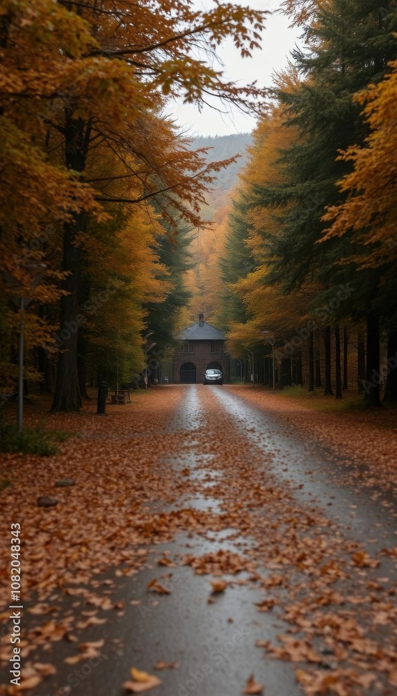 Naklejka premium a road in the middle of the autumn rain turkel