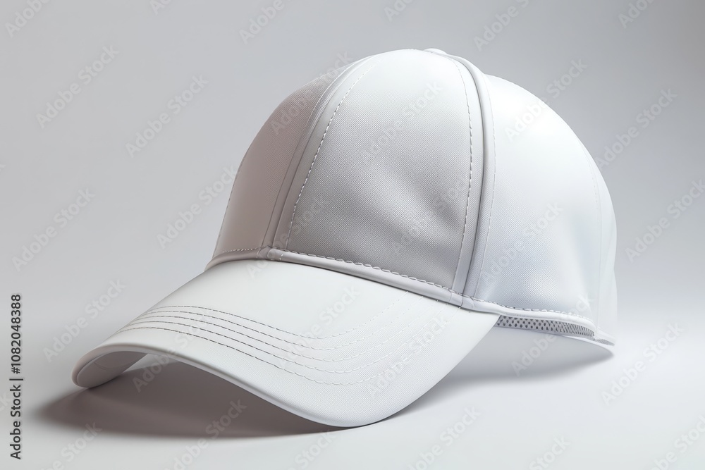 White cap with stitched detailing on a plain gray background. Studio product photography emphasizing texture and clean design. Ideal for branding, advertising, and promotional materials. White cap with stitched detailing on a plain gray background. Studio product photography emphasizing texture and clean design. Ideal for branding, advertising, and promotional materials.