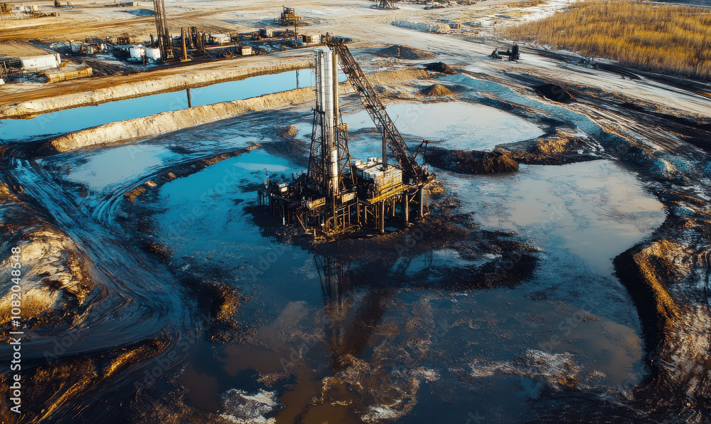 Aerial view of an oil rig in field, surrounded by pools of black oil ...