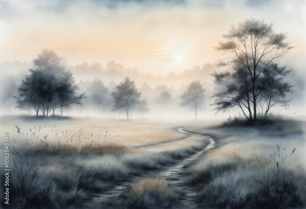 Misty morning landscape with winding path, serene nature watercolor