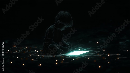 Child engrossed in glowing tablet amidst led lights in dark ambiance