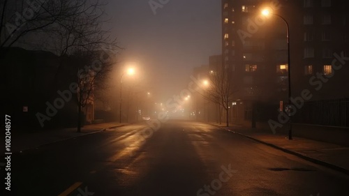 Dark, empty urban street at night with faint city lights through fog, streetlights off, occasional distant car alarm, eerie atmosphere highlighting sudden power loss in bustling city.