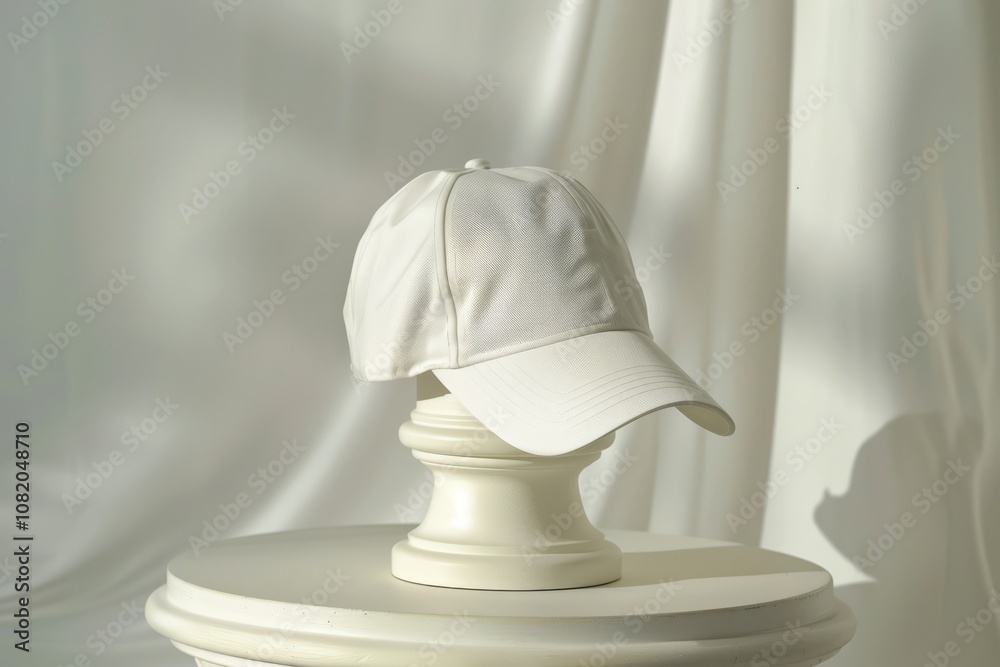 White baseball cap displayed on a decorative pedestal with soft lighting and a draped fabric background. Minimalistic presentation for fashion or product design concepts.