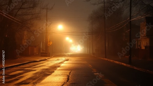 Dark, empty urban street at night with faint city lights through fog, streetlights off, occasional distant car alarm, eerie atmosphere highlighting sudden power loss in bustling city.