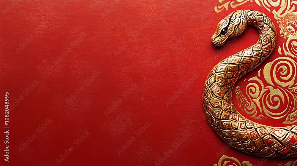 Elegant Golden Snake Design on Red Background Celebrating Prosperity and Good Fortune in Traditional Art Style for Cultural Festivities Elegant Golden Snake Design on Red Background Celebrating Prosperity and Good Fortune in Traditional Art Style for Cultural Festivities