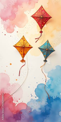 Happy makar sankranti watercolor background with kites.