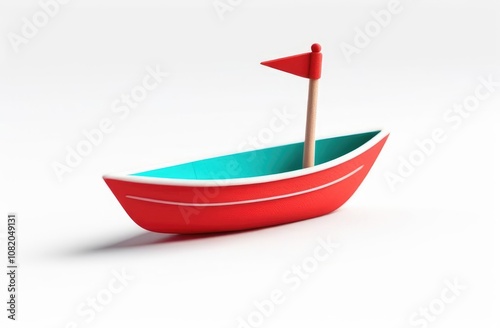 red children's boat 3d on a white background, cartoon illustration.