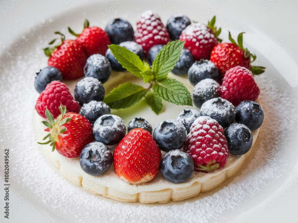 A fresh fruit tart with mix berries arranged on cream filling, garnished with mint A fresh fruit tart with mix berries arranged on cream filling, garnished with mint