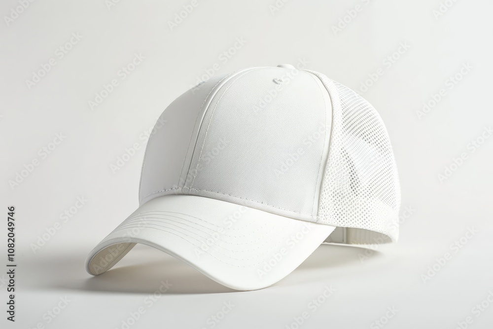 White mesh baseball cap isolated on a light grey background, showing a simple and clean design for casual or sporty wear. White mesh baseball cap isolated on a light grey background, showing a simple and clean design for casual or sporty wear.